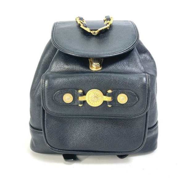 VERSACE vintage Logo Chain Sunburst backpack bag Leather Black/Gold